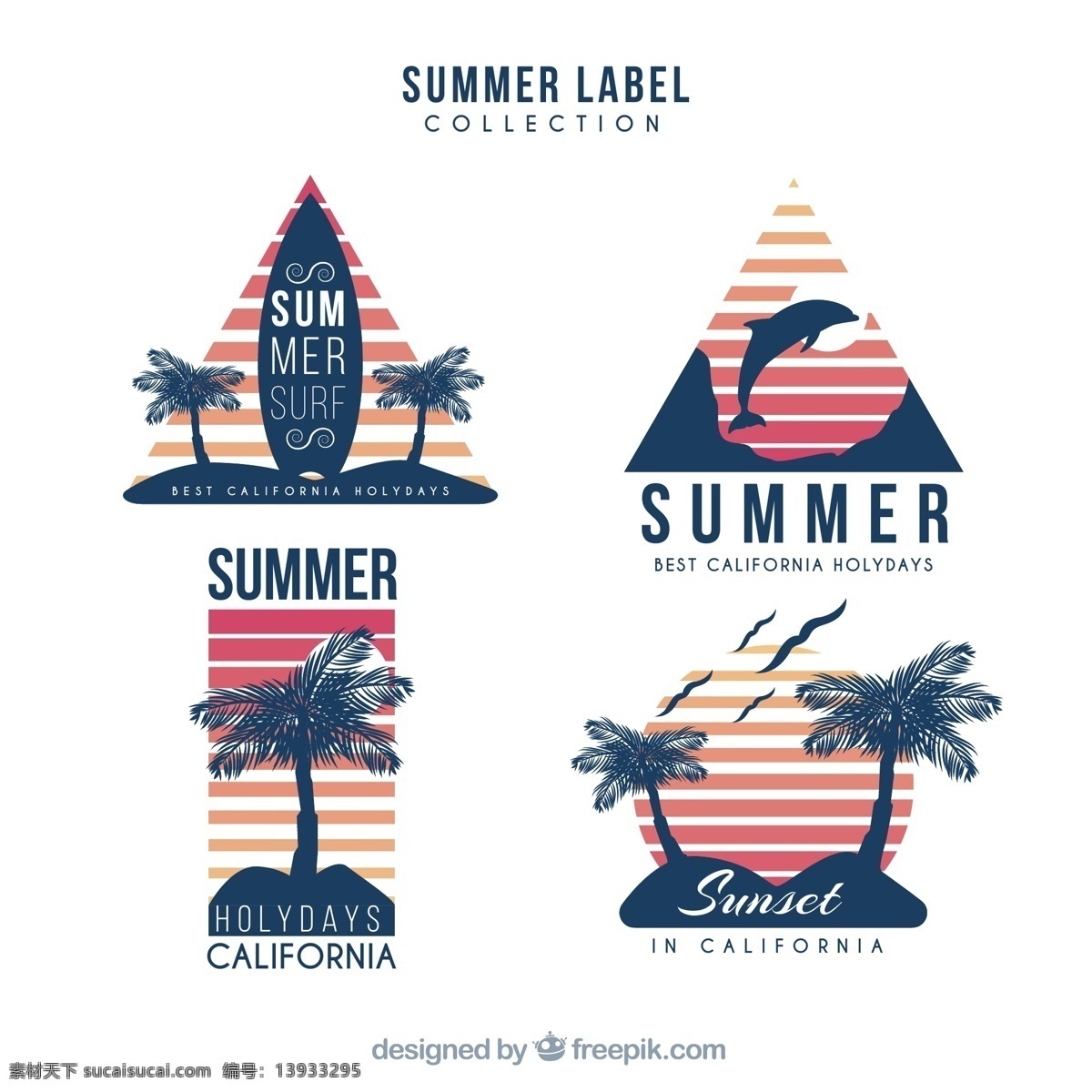 款 手绘 夏日 假期 标签 矢量 冲浪板 椰子树 海豚 太阳 沙滩 岛屿 海鸥 条纹 夏季 加利福尼亚 文化艺术 节日庆祝