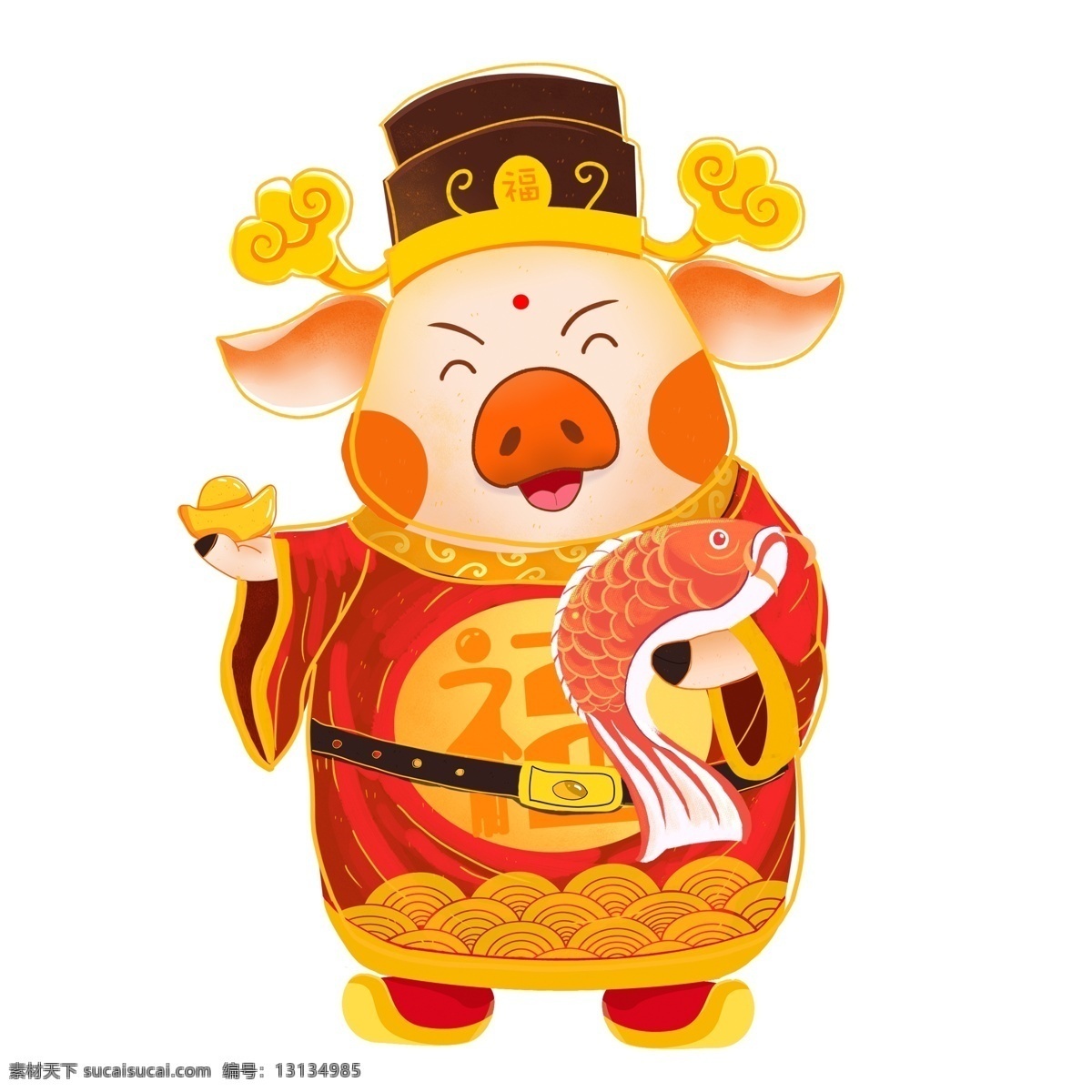 手绘 卡通 猪 财神 祝福 新春 佳节 商用 元素 富贵 小猪 财神爷 金元宝 猪财神 新春佳节 连年有余 红鲤鱼 猪年发财 猪年