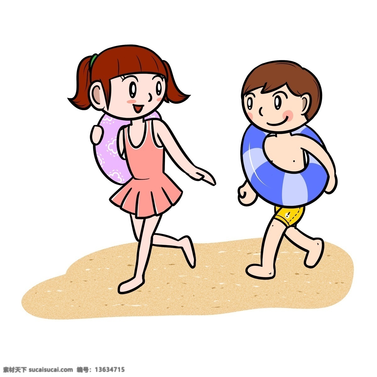 卡通 夏季 儿童 沙滩 追 跑 透明 底 夏天 玩耍 海边 海滩 海边人物 夏季人物 夏天人物 卡通人物 卡通夏季