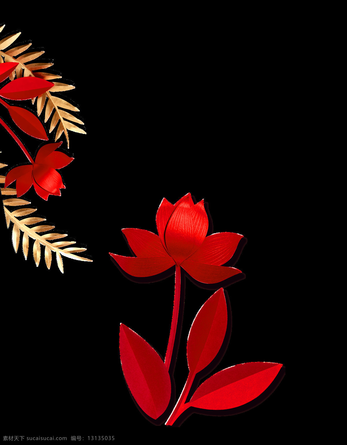 红色 喜庆 花朵 装饰 金色 树叶