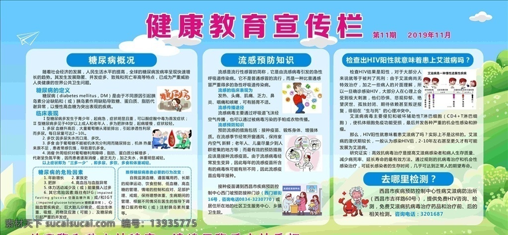 教育宣传栏 第11期 健康教育最新 绿色展板 糖尿病 流感 流感预防 艾滋病防预 健康教育 2019 健康宣传栏 展板模板