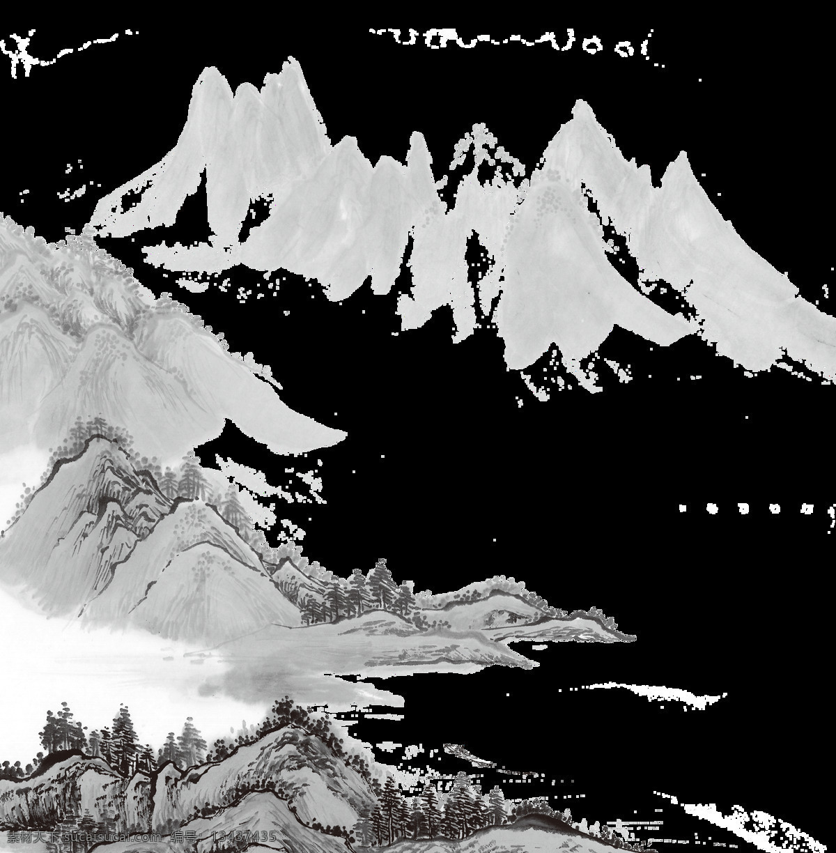 中国 风 水墨 山水画 扁平 大气 风景 黑白 简约 手绘 中国风
