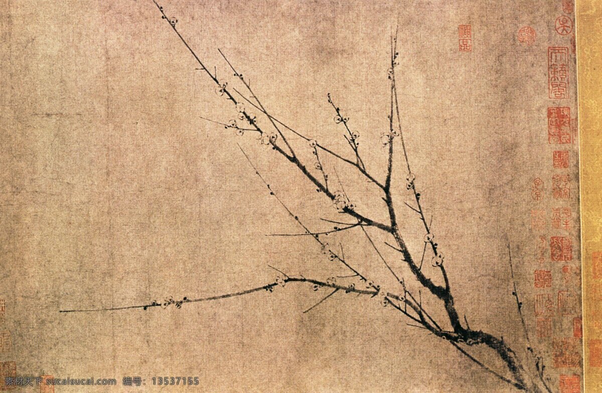 盛开 梅枝 绘画 印章 枝干 中国古画 盛开的梅枝 文化艺术