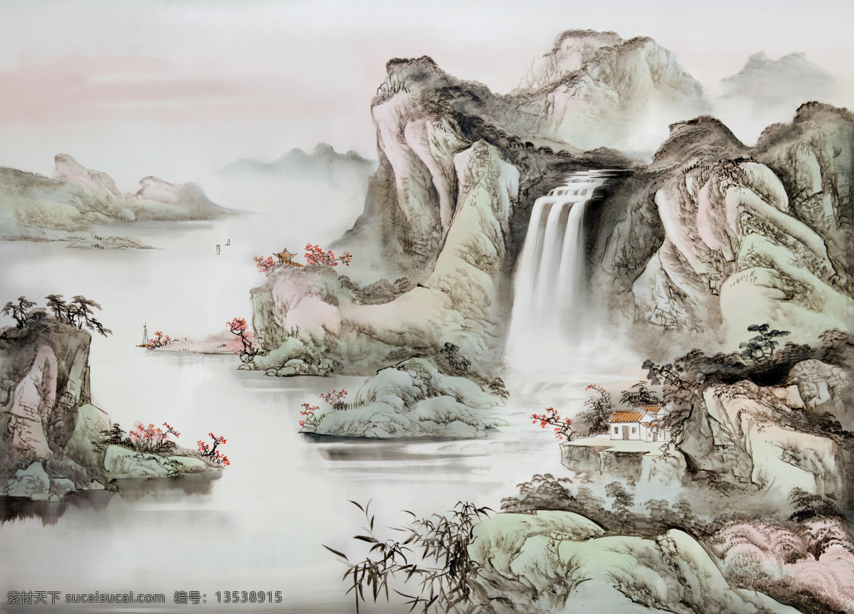 山水国画 国画 山水 中国画 山水画 国画山水 云雾 瀑布 装饰画 挂画 中堂画 工笔山水 工笔画 工笔 风景 文化艺术 绘画书法