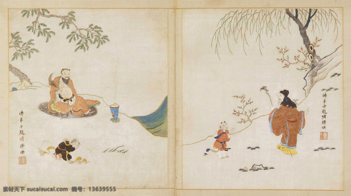 善财五十三参 古画非高清 山石 野草 树木 火炉 老者 仙人 菩萨 童子 参拜 古典 国画 清代 顾绣 工笔 佛像 人物 佛教礼仪教化 绘画书法 文化艺术