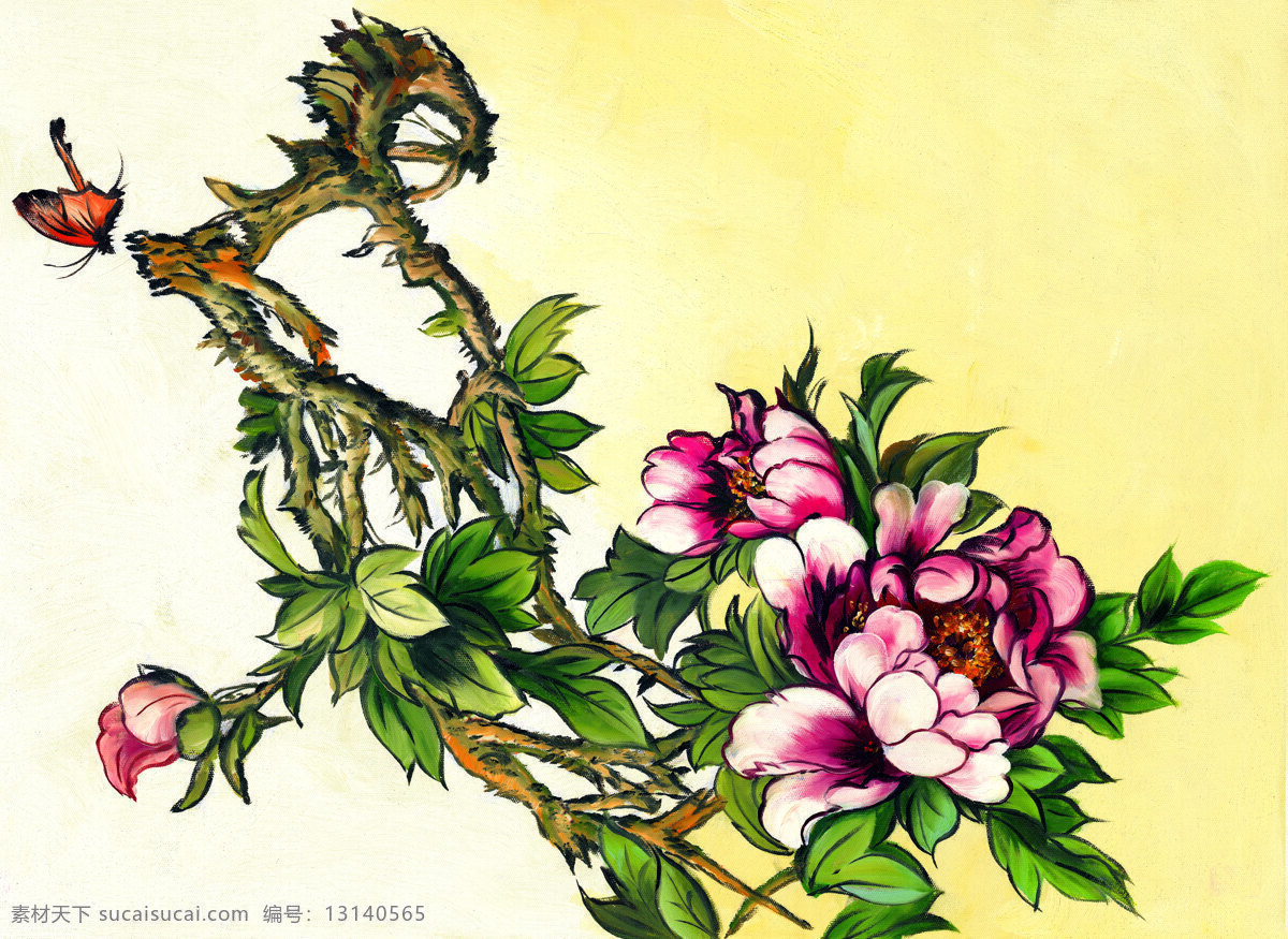 蝴蝶红花 绘画 工笔画 油画 红花 绿叶 牡丹 玫瑰 蝴蝶 花枝 枝头 树枝 叶子 树叶 桃花 梅花 国画 艺术 移门 景色 绘画书法 文化艺术