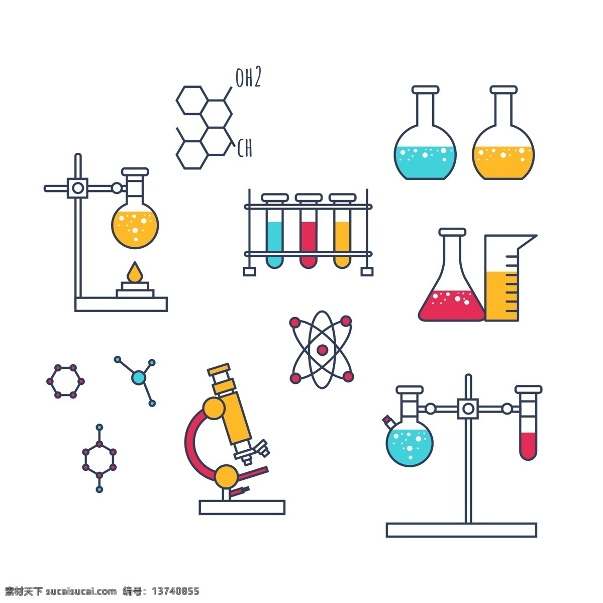 化学玻璃器皿 卡通化学实验 实验室 实验 元素 彩色 容器 瓶 工具 研究 分析 科学 化学家 对象 插图 平 图形 颜色 色彩斑斓 多色 象征 五彩缤纷 玻璃 开学素材