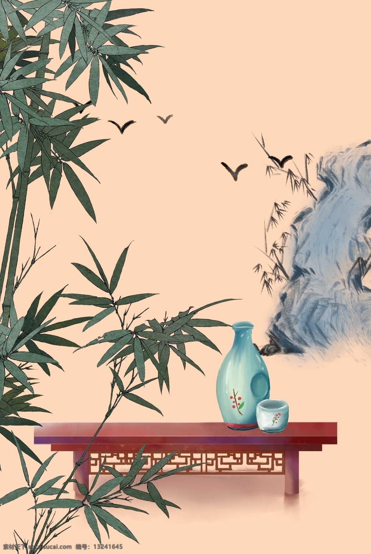 文艺 清雅 风 古风 竹林 一角 假山石 桌 春茶 节 背景 清雅风 竹林一角 假山 石桌 酒瓶 酒杯 背景图 春茶节
