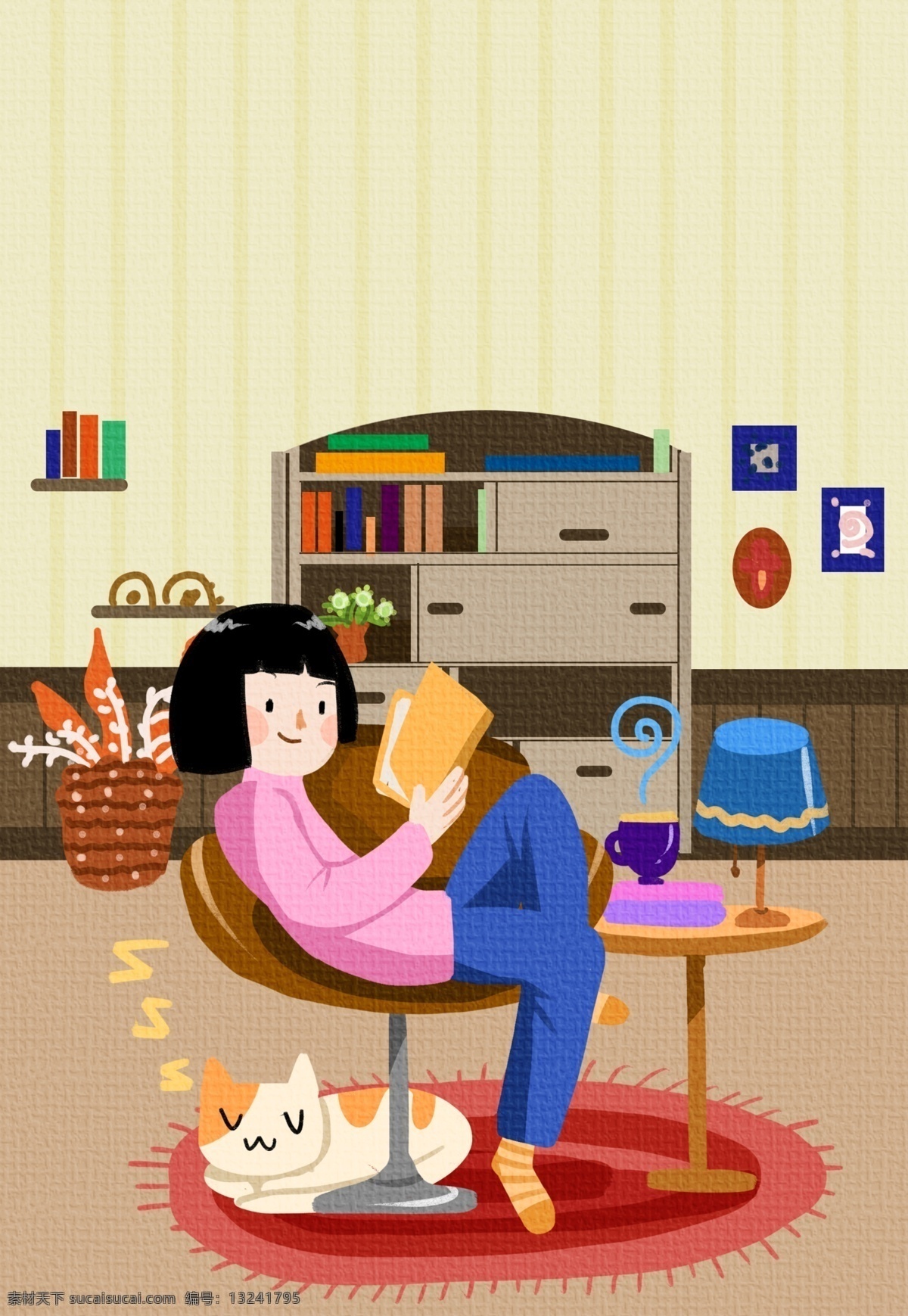可爱 女孩 认真 看书 卡通 背景 认真看书 屋内 房间 柜子 清新 文艺