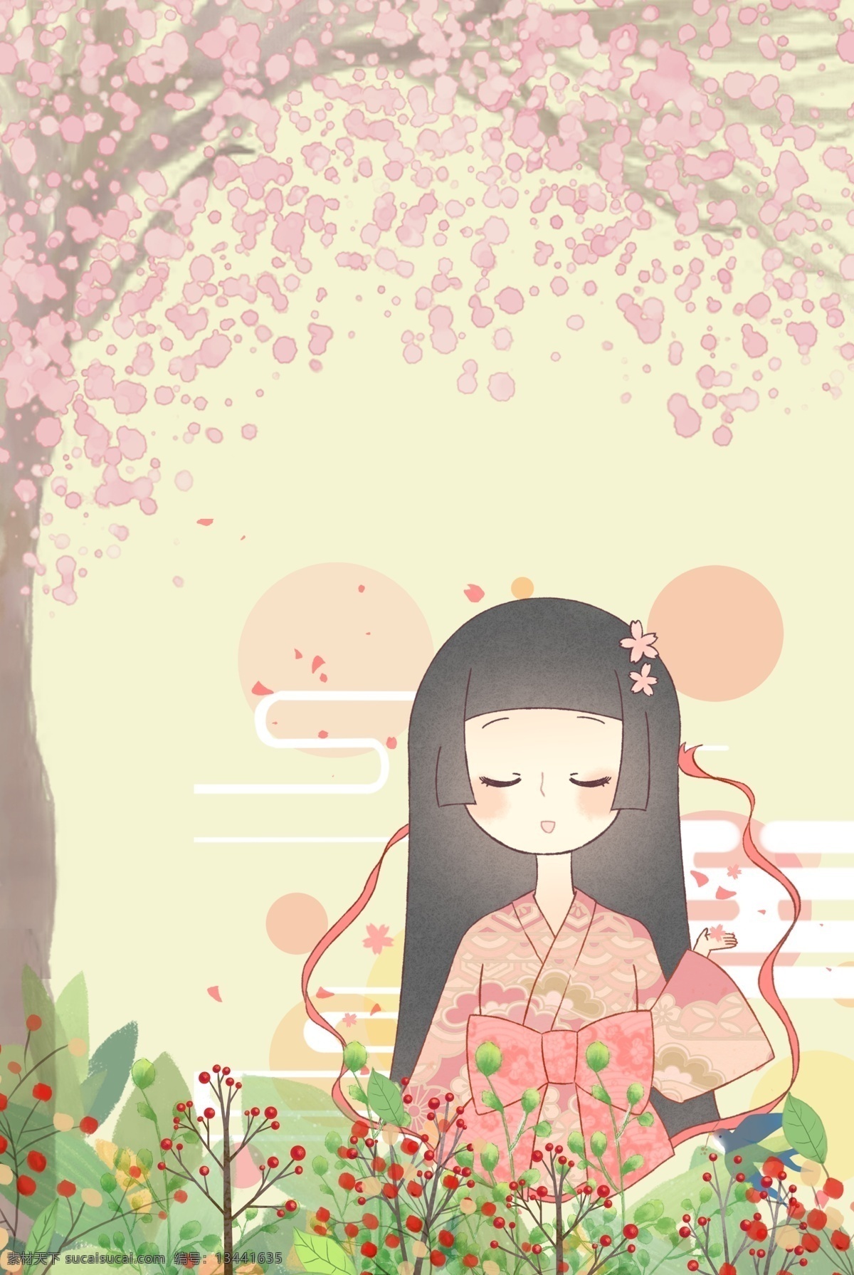 春天 花树 下 穿 汉 服 女孩 漂亮 粉色 花朵 汉服 插画 春暖花开 春季 女生节 女神节 粉色树 樱花树 桃花