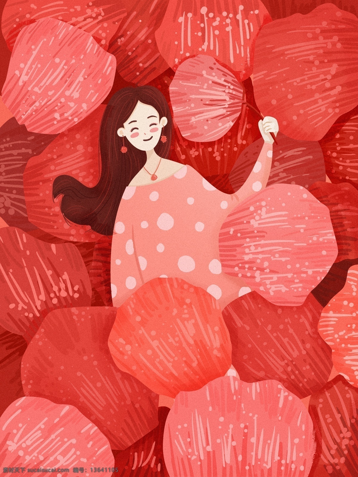 躺 花瓣 中 女孩 珊瑚 红 插画 珊瑚色 文章配图 手机配图 2019 流行色