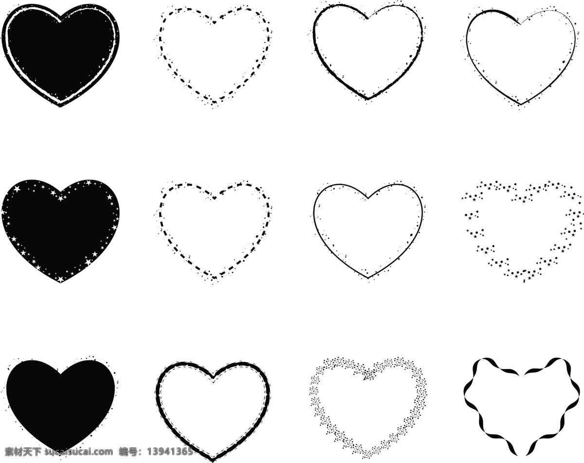 变形 爱心 边框 矢量 黑色 实心 纹理 节日装饰 平面设计素材