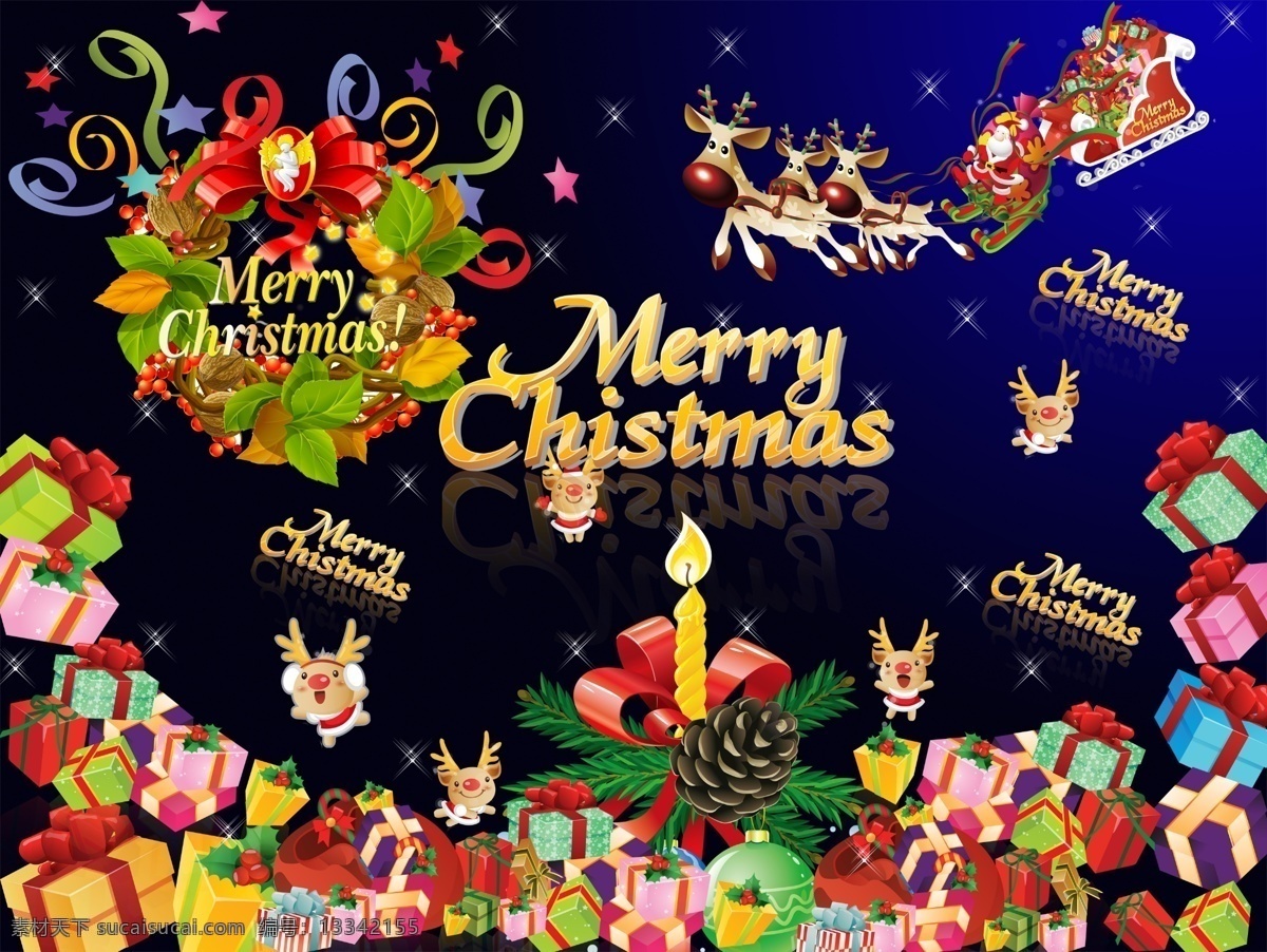 圣诞节 卡通 元素 merry chistmas 圣诞素材 包装盒 蜡烛 松子 松树枝 彩球 铃铛 礼物 礼包 圣诞老人 星星 雪橇 花环 麋鹿 黑色