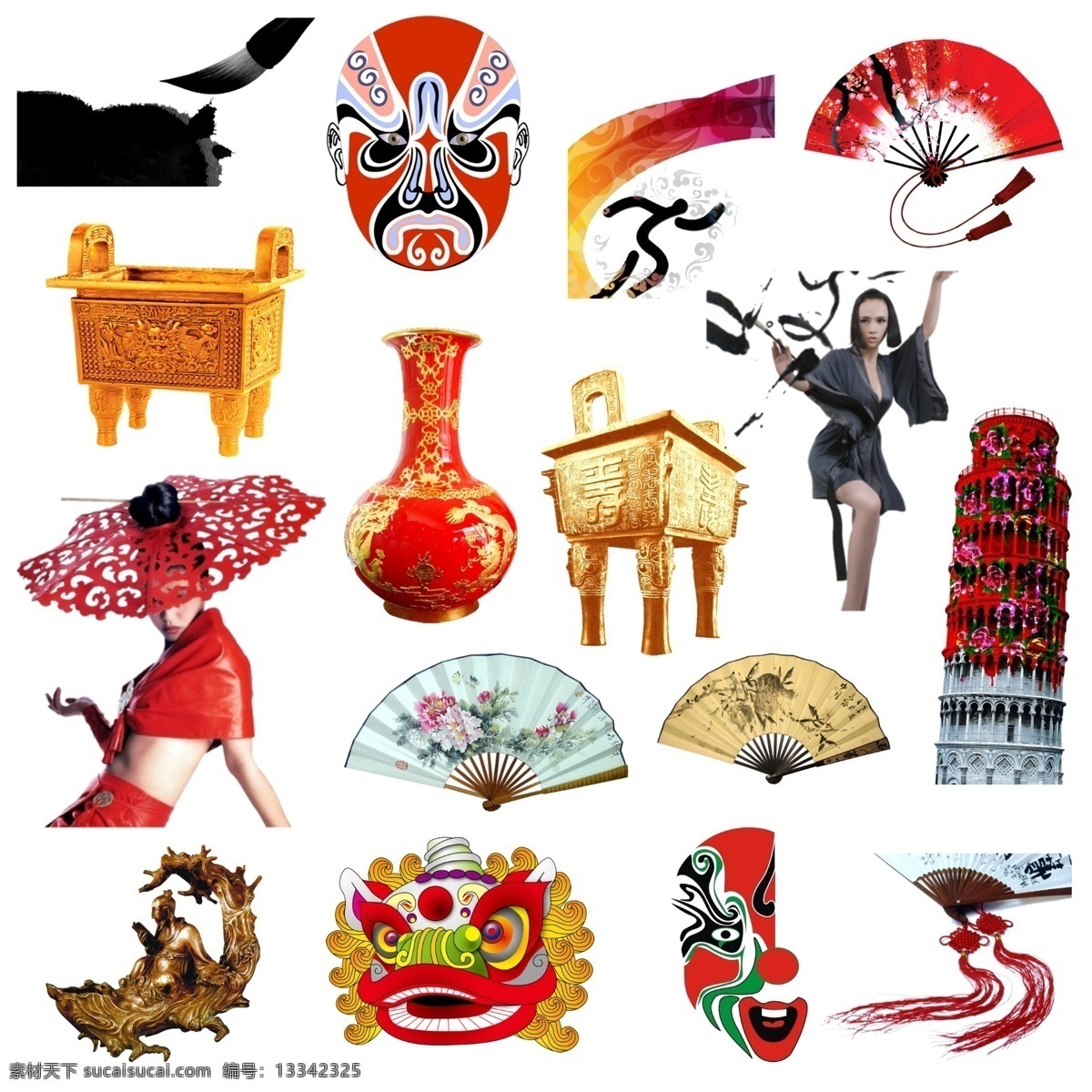 中国风元素 中国风 笔墨 脸谱 扇子 舞姿 鼎 中国红 红色 斜塔 狮 瓷器 中国结 读书 古人 分层 源文件
