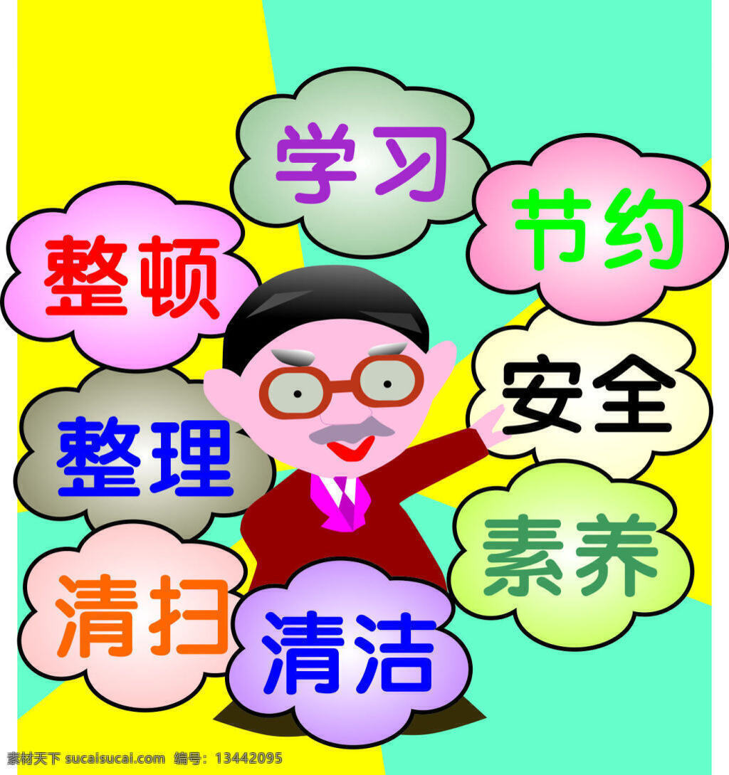 卡通 版 7s 管理 八大 作用 7s管理 老头 矢量图 元素 配图 学习 整顿 整理 清扫 清洁 素养 安全 节约