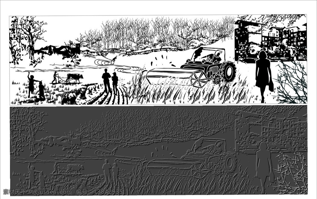 农耕 农耕变迁 简笔画 源文件 浮雕 农业浮雕 收割机 耕种 古代农耕