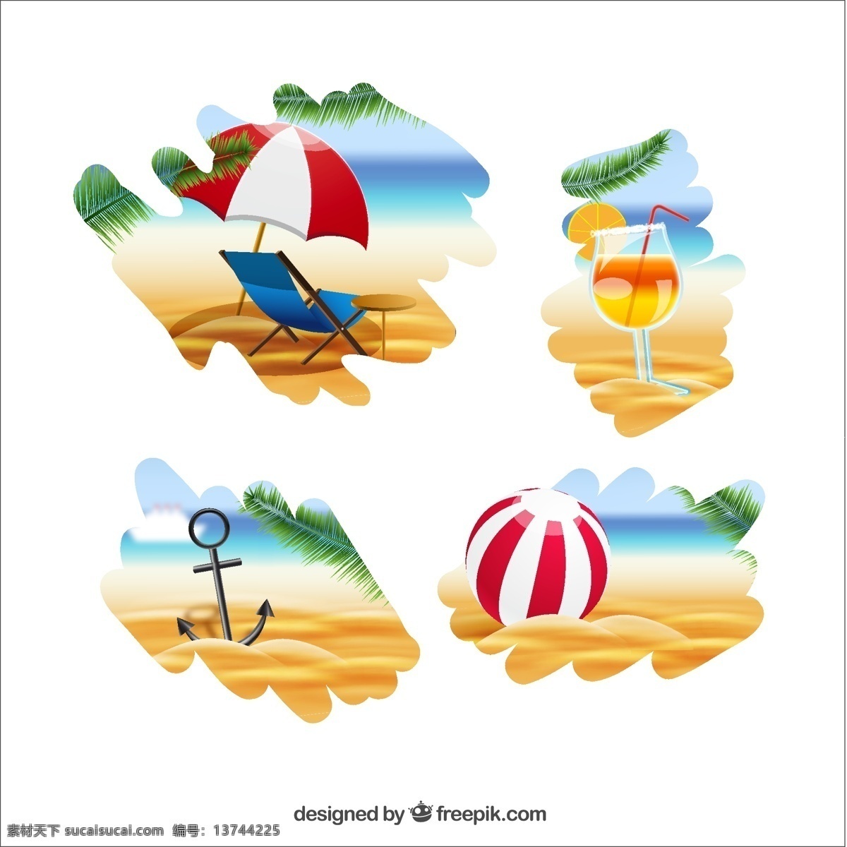 海滩元素插画 夏天 海滩 鸡尾酒 锚 球 沙滩 插图 夏季海滩 夏季 海滨 甲板椅 白色