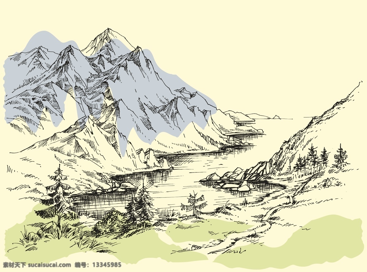 雪山 山峰 松柏 滑雪 雪人 素描 风景画 素描风景 速写 素描欣赏 素描艺术 铅笔画 素描素材 绘画素材 风景写生 速写风景 矢量素描 风景 黑白 植物 树木 房屋 矢量插画 自然景观 自然风光