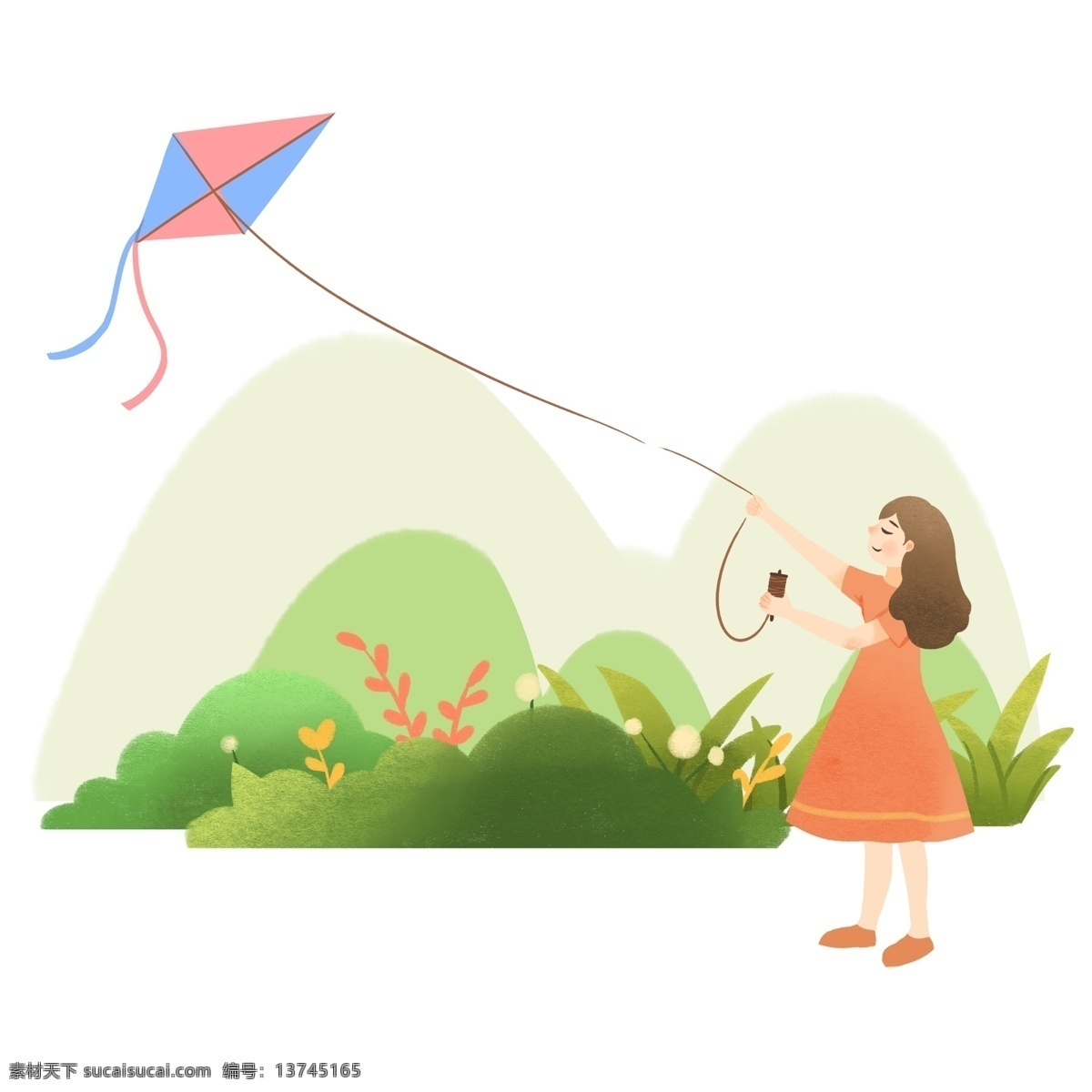 放风筝 小女孩 插画 踏青人物插画 彩色的风筝 绿色的叶子 黄色的绳子 卡通人物