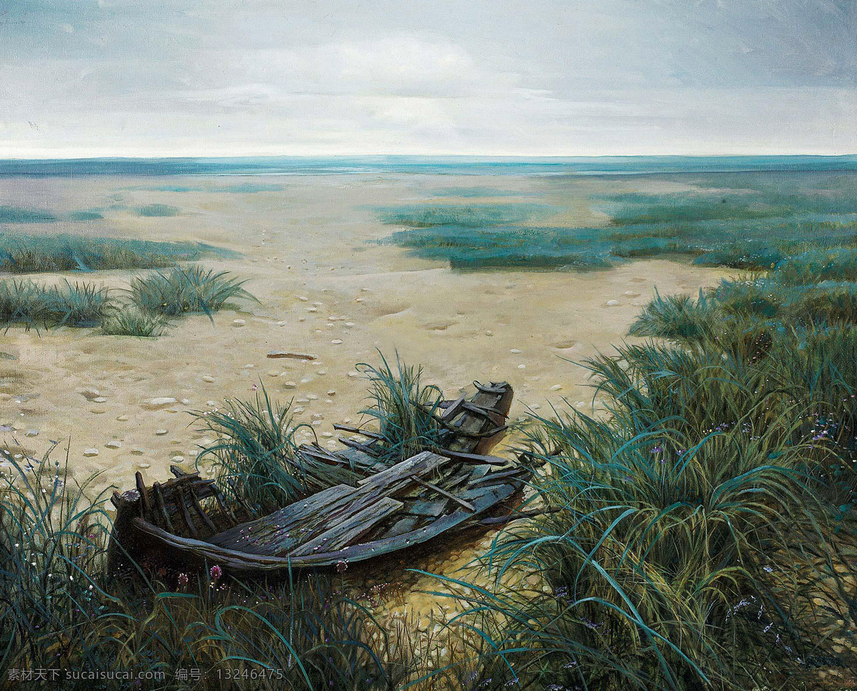风景 绘画书法 美术 文化艺术 野草 油画 油画艺术 芦苇 塘 设计素材 模板下载 芦苇塘 干湖泊 破木船 沙土