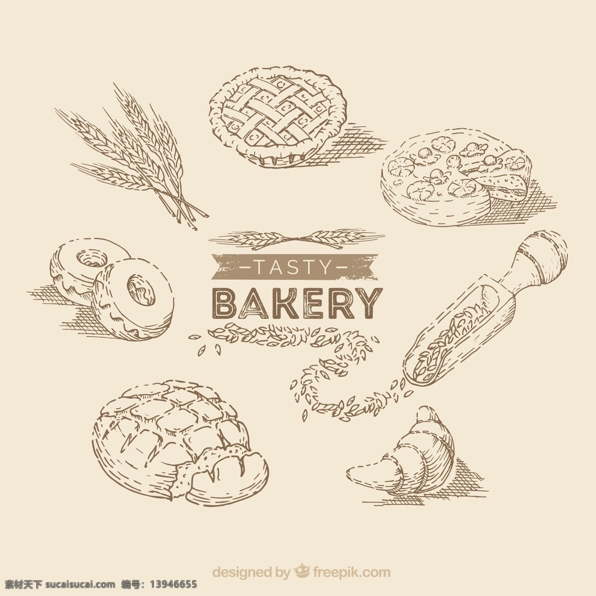 手工面包元素 一方面 蛋糕 面包 手绘 小麦 馅饼 牛角包元素 绘制图纸 炸圈饼 勾勒轮廓