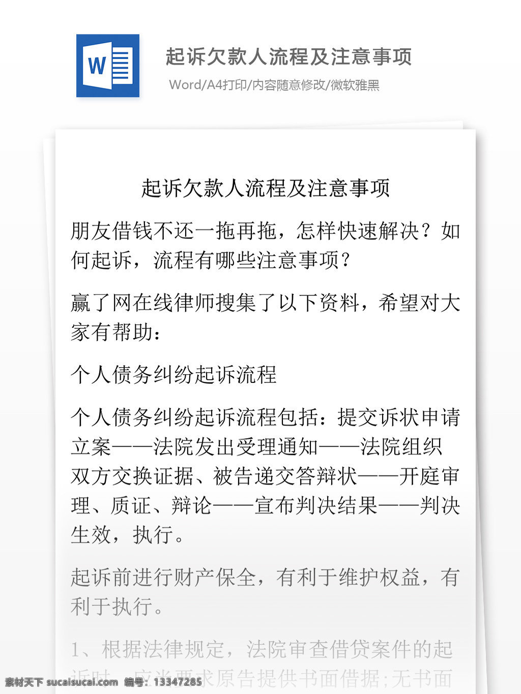 起诉 欠款人 流程 注意事项 合同 合同协议 合同书 协议书 合同协议文档 文档模板 word文档