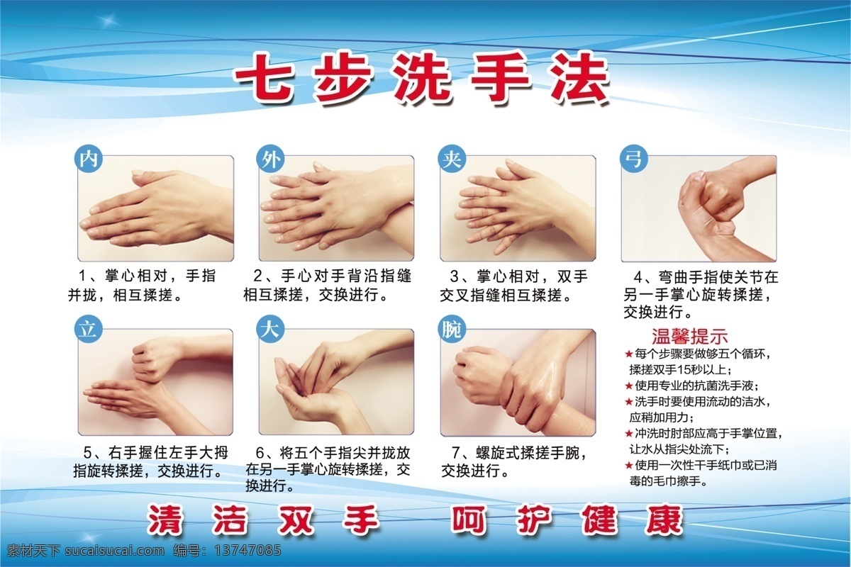 七步洗手法 清洁双手 呵护健康 内 外 夹 弓 立 大 腕 分层
