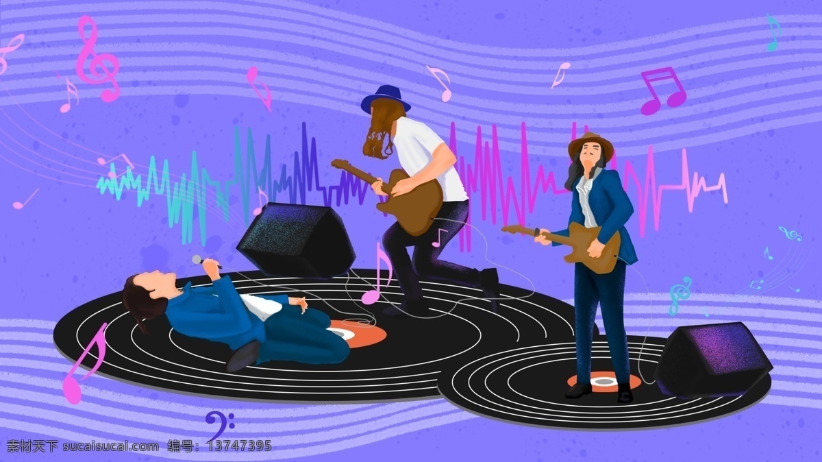 原创 手绘 音乐节 正在 演奏 乐手 音乐 紫色 音符 五线谱 贝斯 吉他 人 歌手 唱片