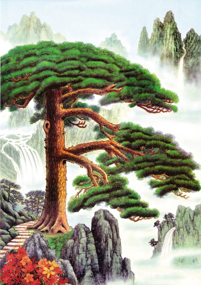 油画迎客松 油画风景 风景画 迎客松 山水油画 大山 远山 石头 松树 红叶树 黄叶树 鲜花 绘画书法 文化艺术