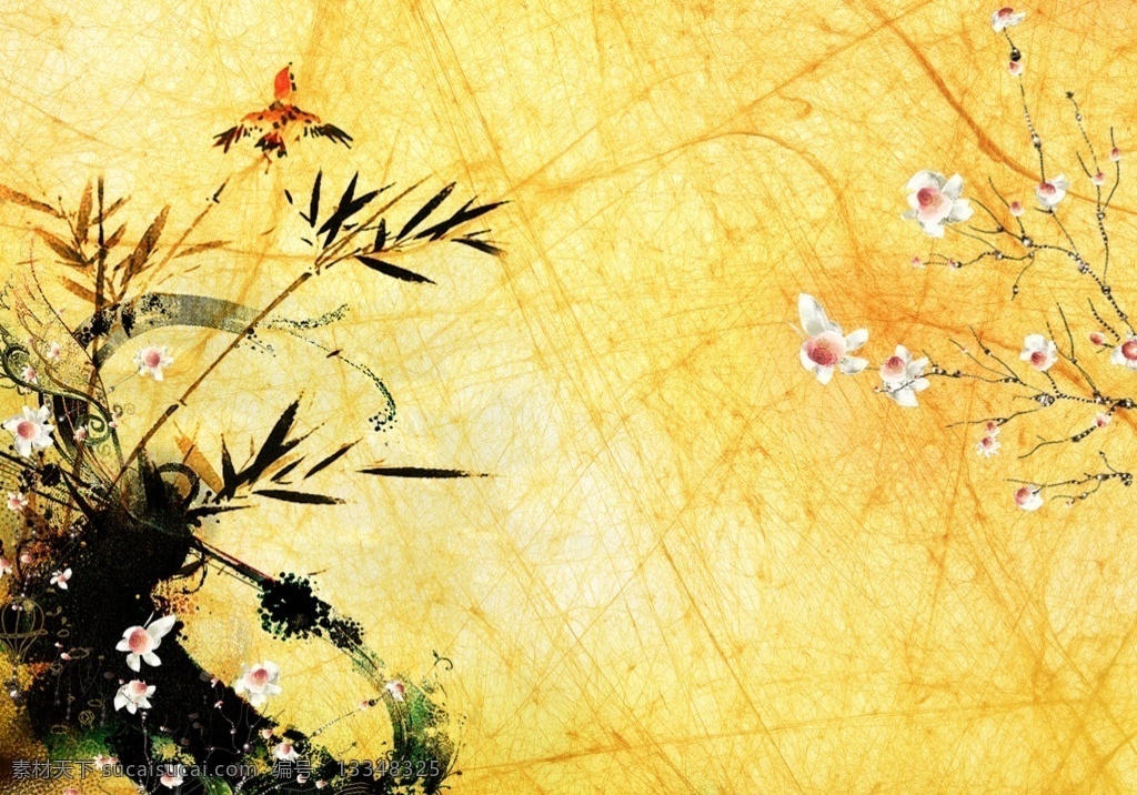浪漫背景图案 竹子 鸟 手绘 黄色背景 兰花 浪漫 文化艺术 绘画书法