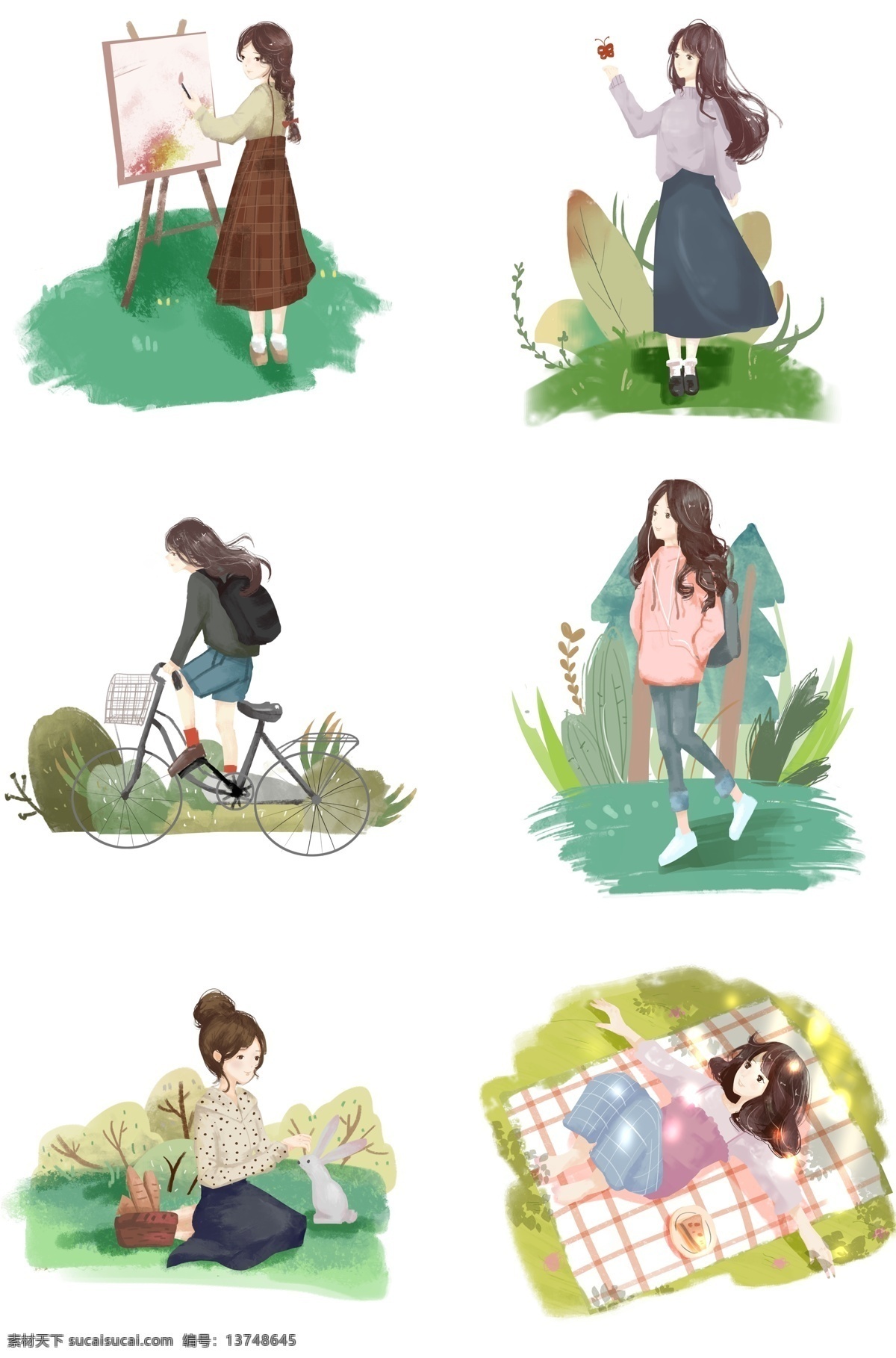 春游 人物 插画 合集 漂亮的小女孩 画画的小女孩 黑色的自行车 卡通人物 植物装饰