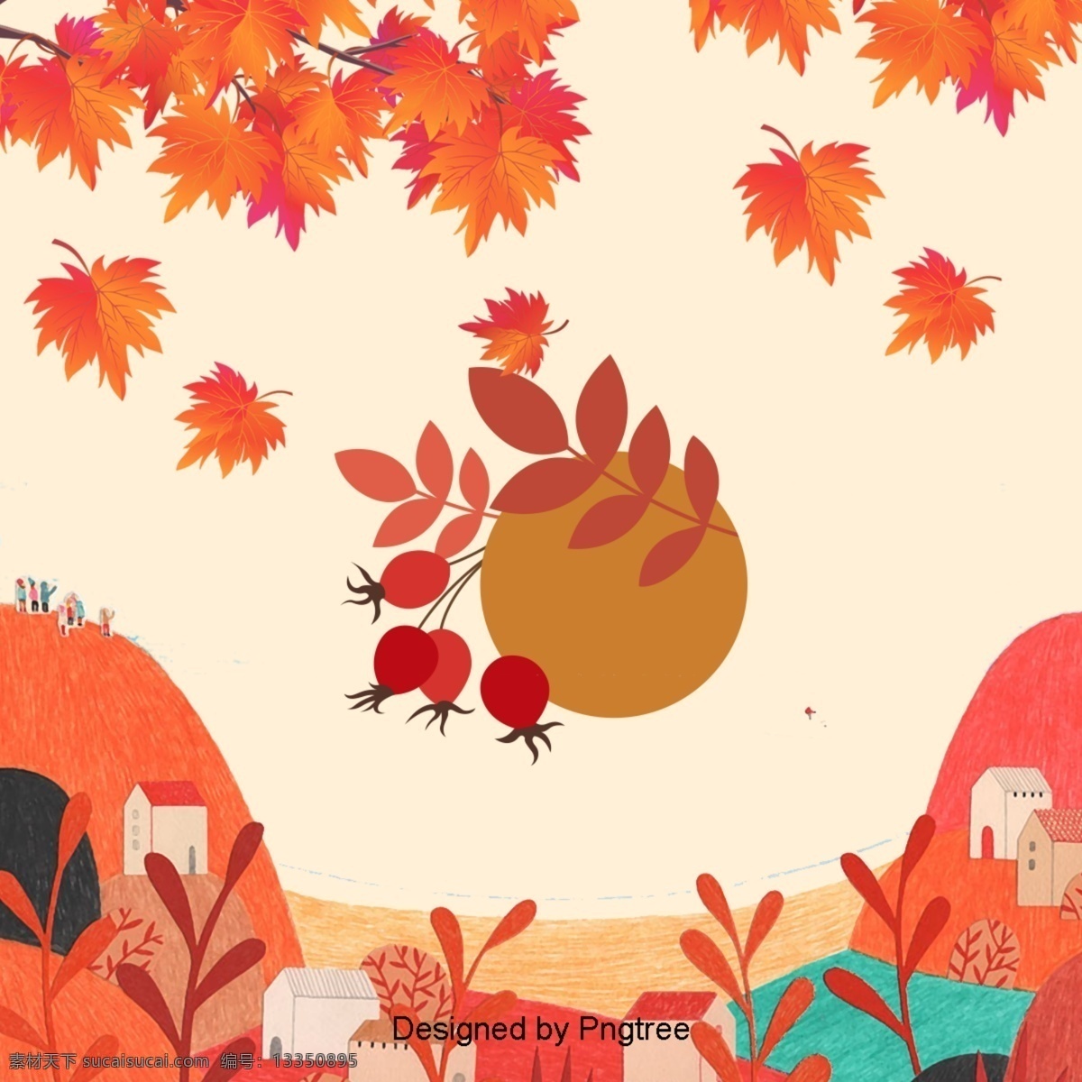 美丽 多彩 的卡 通 可爱 手绘 秋天 飘 叶 背景 卡通 漂浮 树叶 树枝 山坡 体育
