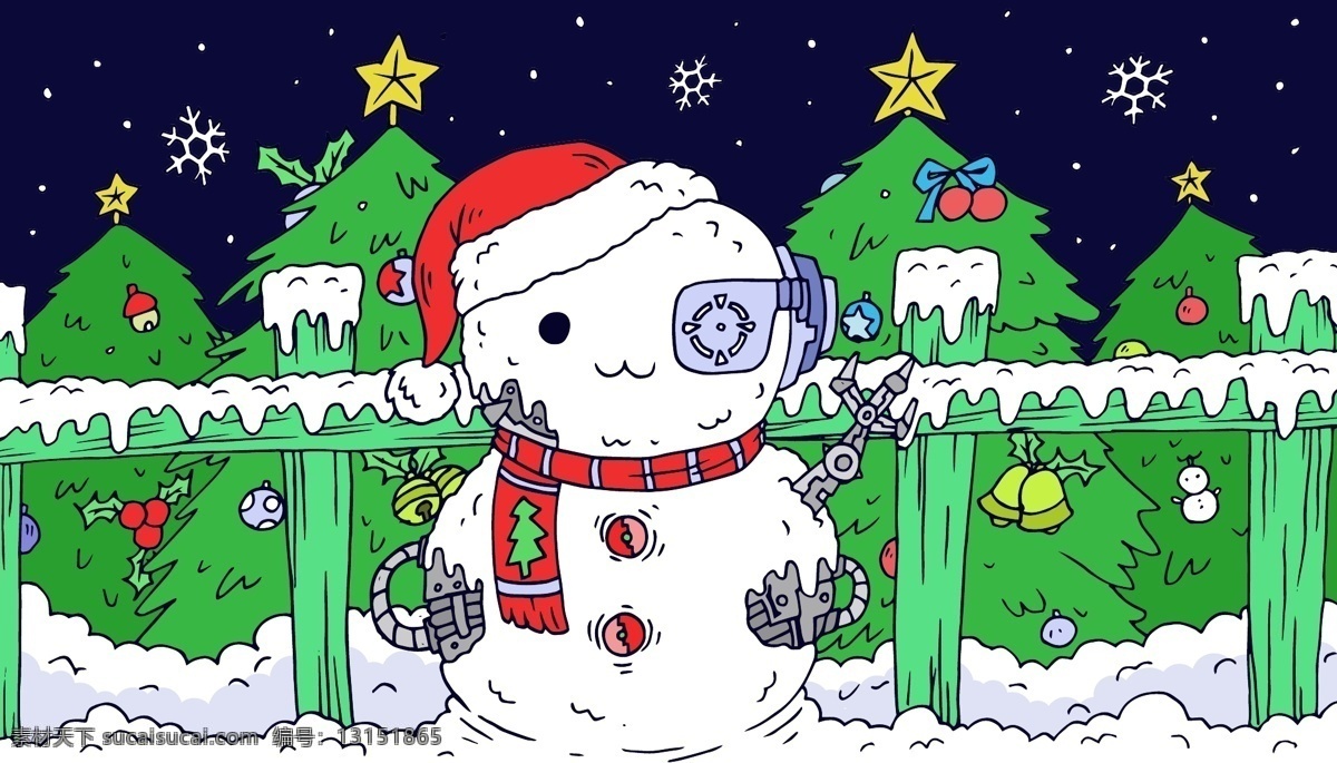 圣诞节 卡通 雪人 圣诞树 铃铛 雪花 机器 围栏 围巾 星星 礼物 帽子 圣诞帽 纽扣 夜晚 雪地 欢乐 愉快