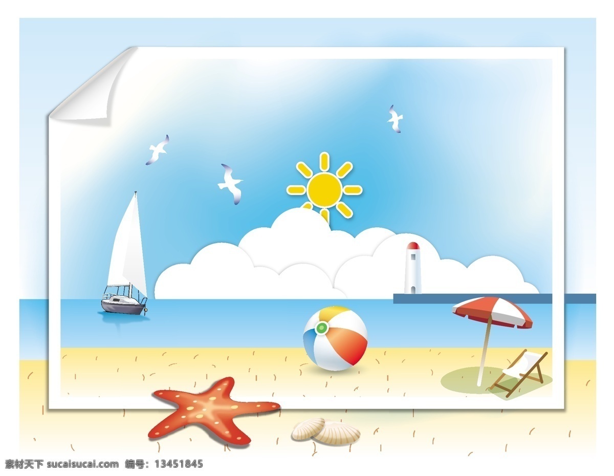 矢量 海滩 元素 背景 矢量海滩背景 海滩背景 雨伞 帆船 海星