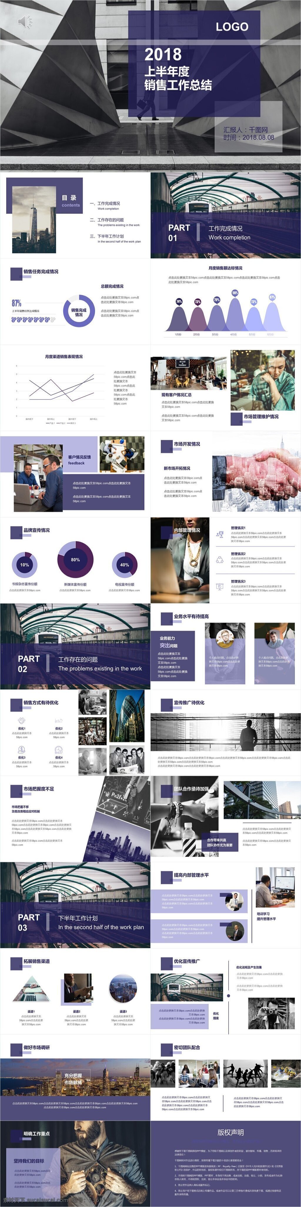 2018 上半年 零售 工作总结 紫色 简约 派 模板 半年 商务风 欧美风 工作计划 ppt模板