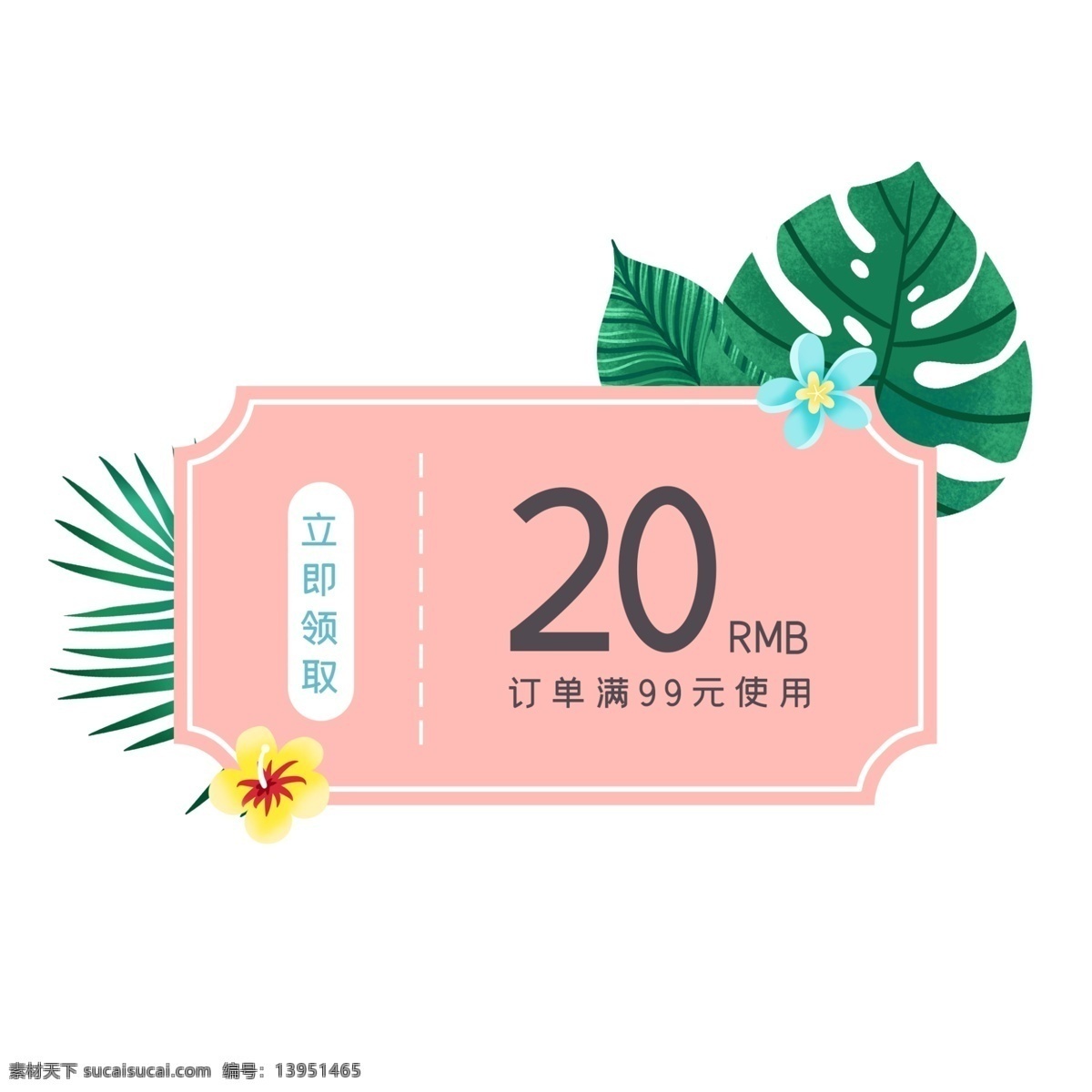 树叶 森 系 优惠券 夏天 折扣券 优惠 现金券 促销标签 购物券 促销 夏季促销 春天 粉色 叶子 花朵 出游季 小清新