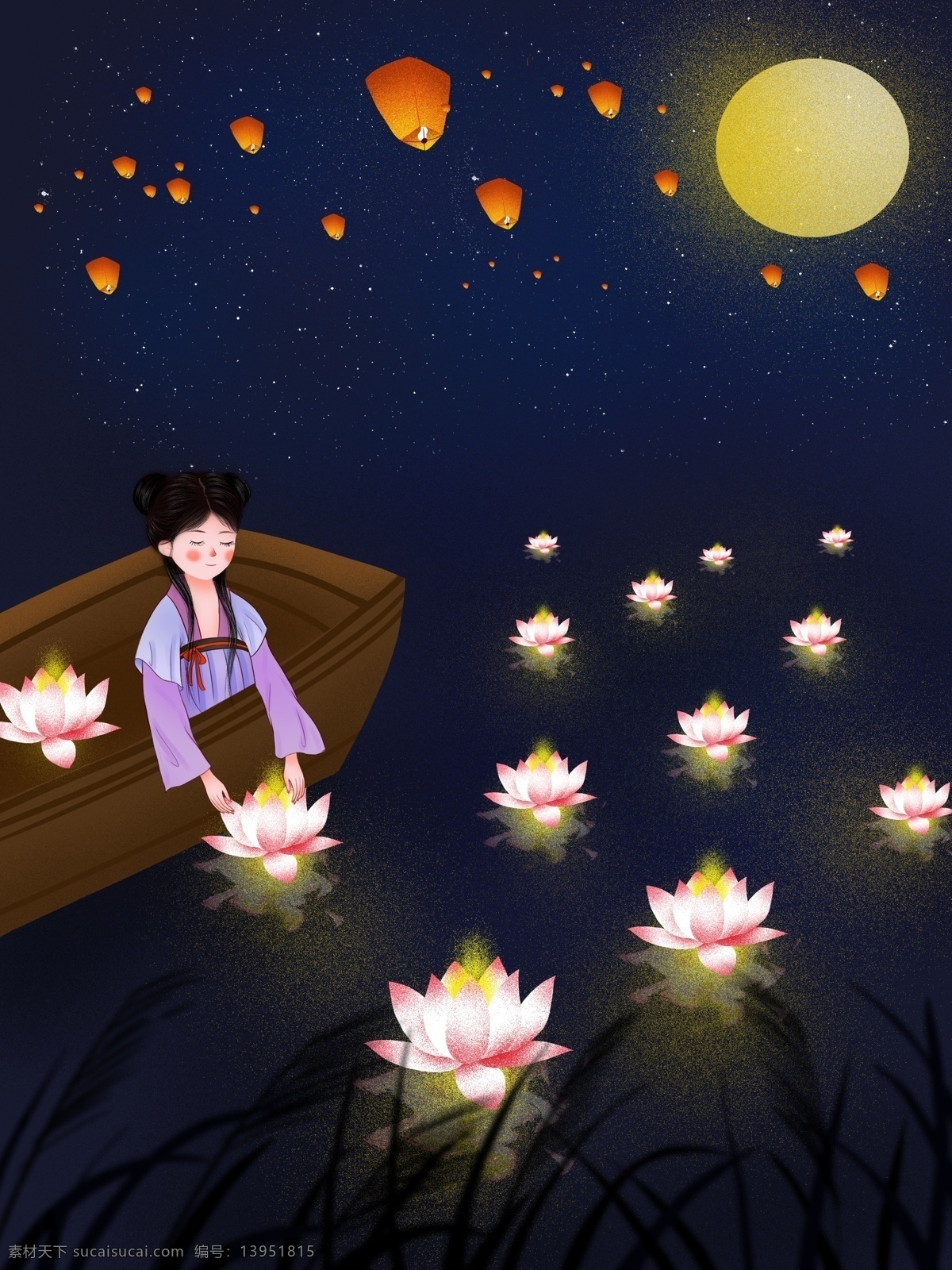 中元节 女孩 放 河 灯 插画 河灯 孔明灯 祭祀 节日节气