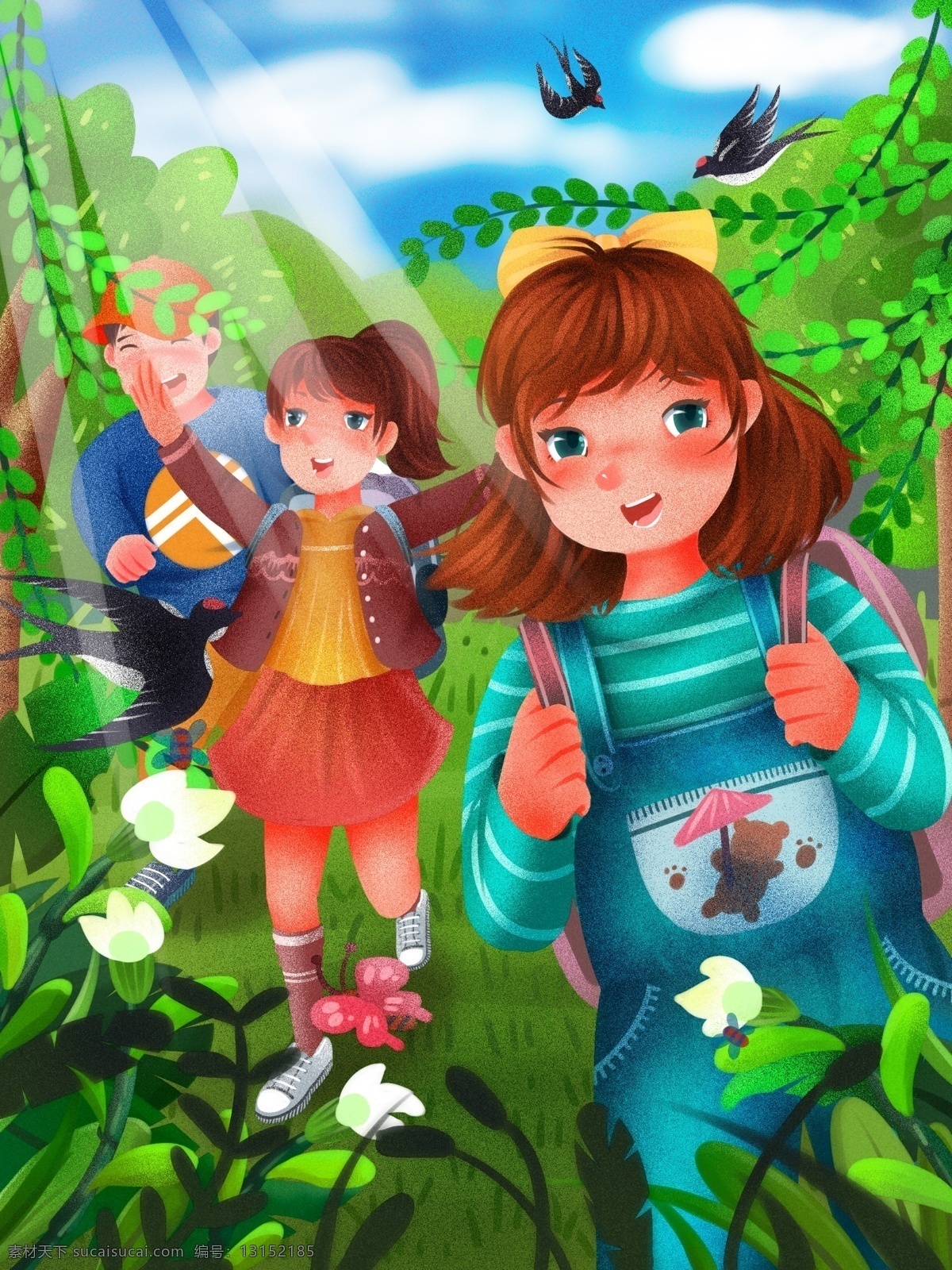 清明节 学生 一起 踏青 游玩 绿色 清新 原创 插画 清明 扫墓 小朋友 户外 柳树 燕子 植物 阳光 噪点