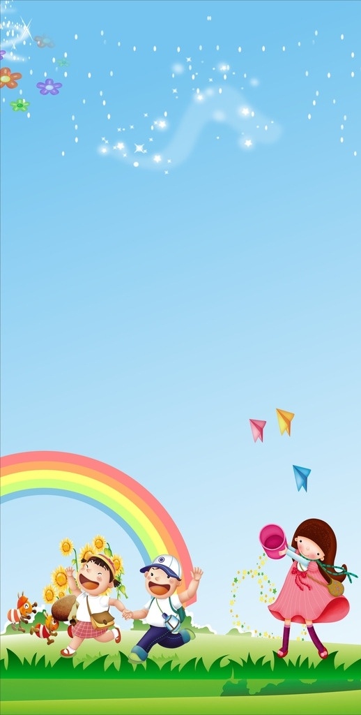 卡通背景 卡通 背景 写真 海报 喷绘 彩虹 儿童 玩乐 蓝天 草地 气球 白云 淡兰 展架海报