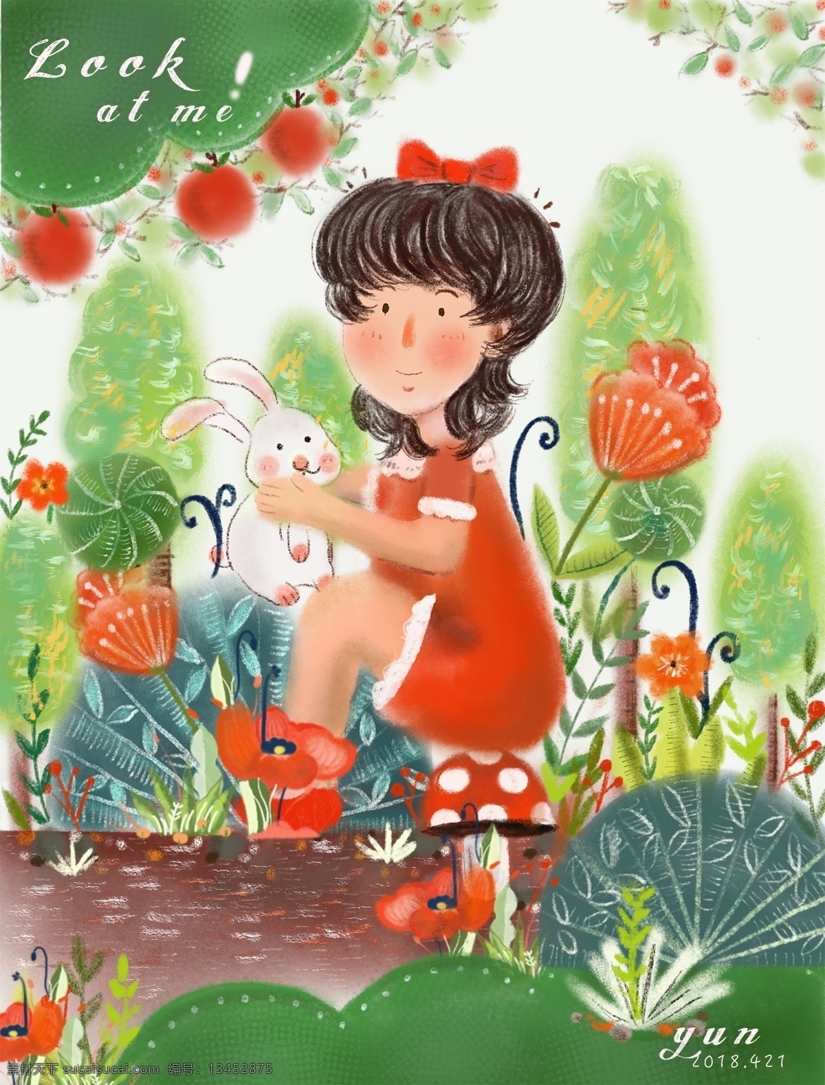 小清 新卡 通 森 系 海报 小清新 蘑菇 红色 小女孩 花朵 原创插画 小兔子 森系