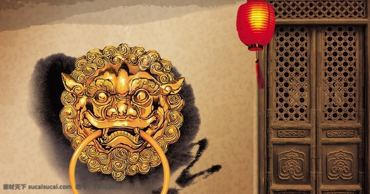 企业文化 门 木门 灯笼 门扣 门环 狮头 分层