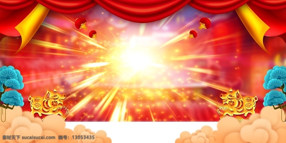 欢乐 喜庆 幕布 广告 背景 红色背景 中国风 光线 祥云 广告背景 松树