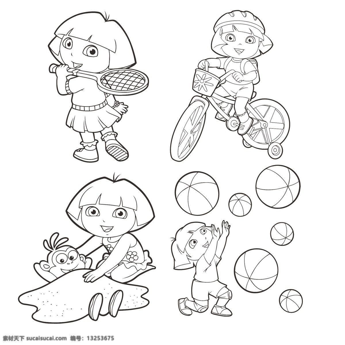 朵拉填色图案 朵拉卡通 卡通人物 卡通女孩 儿童线描图 卡通线描图 动漫角色 动漫动画 动漫人物