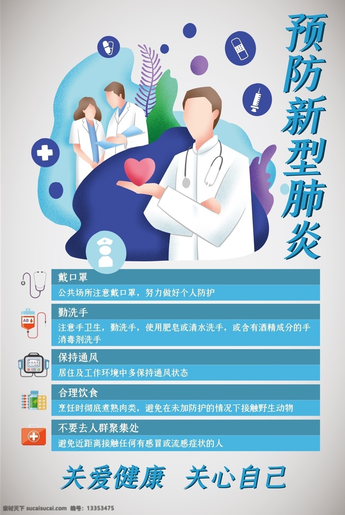 预防 新型 肺炎 关爱 健康 关心 自己 新型肺炎 基础常识 温馨提示 小知识 关爱健康 关心自己 戴口罩 勤洗手 保持通风 合理饮食 海报 写真 卡通人物 车贴 展板 广告