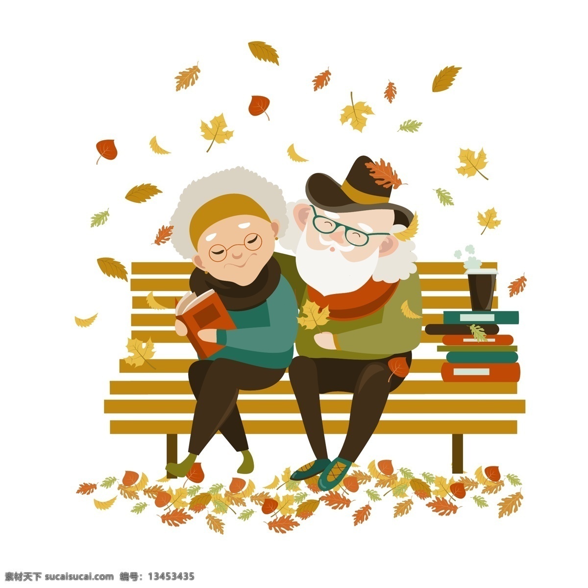秋季 落叶 长廊 上 老人 凳子 卡通老人 秋季落叶 树叶 叶子