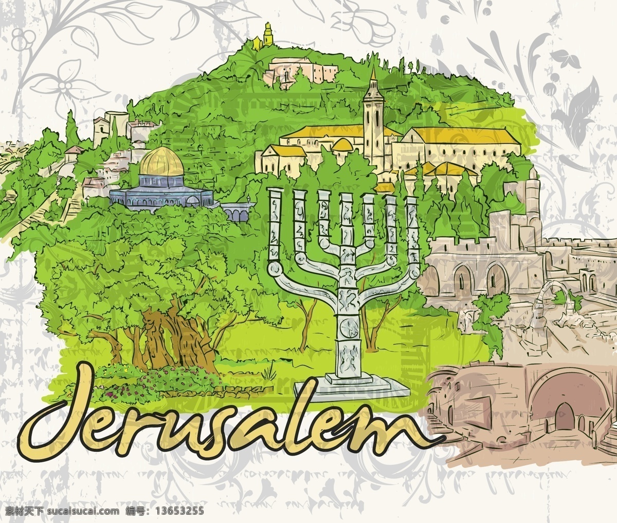 耶路撒冷 涂鸦 矢量 插画 白色
