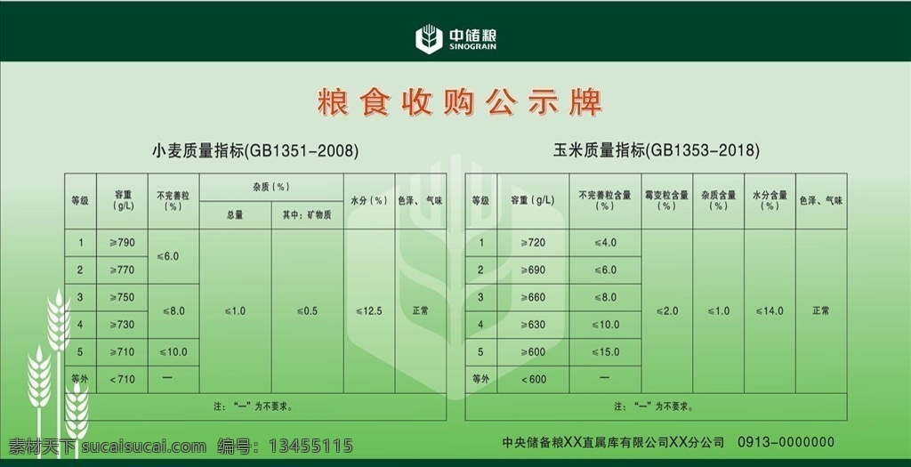 中储粮 夏粮收购 公示牌 小麦 玉米 粮食 质量指标 绿色背景 展板