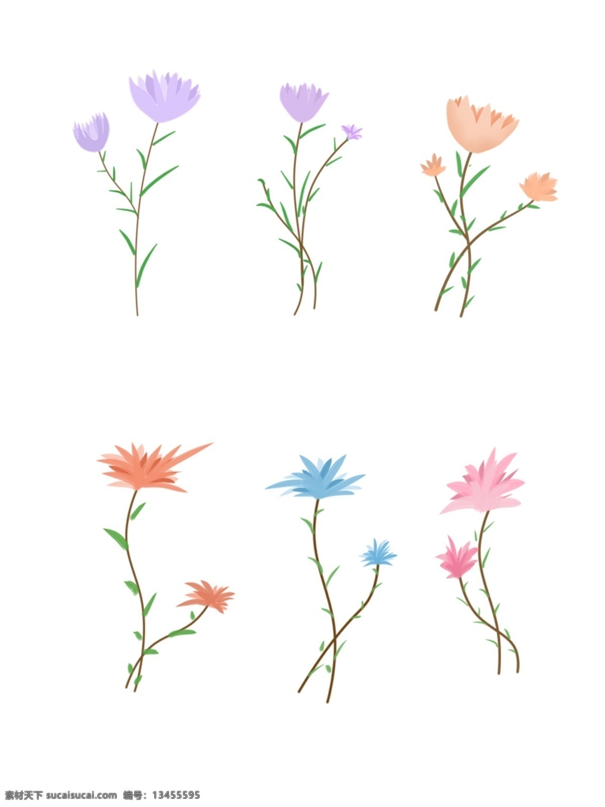 花草 彩色 手绘 花束 浪漫 合集 紫色 蓝色 黄色