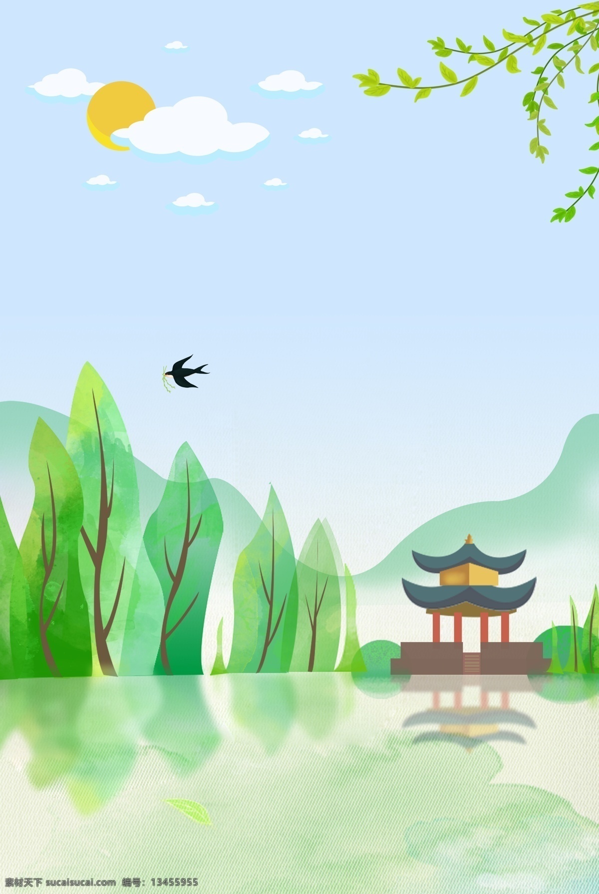 清新 简约 二十四节气 立春 背景 太阳 亭子 湖泊 树木 柳树 手绘