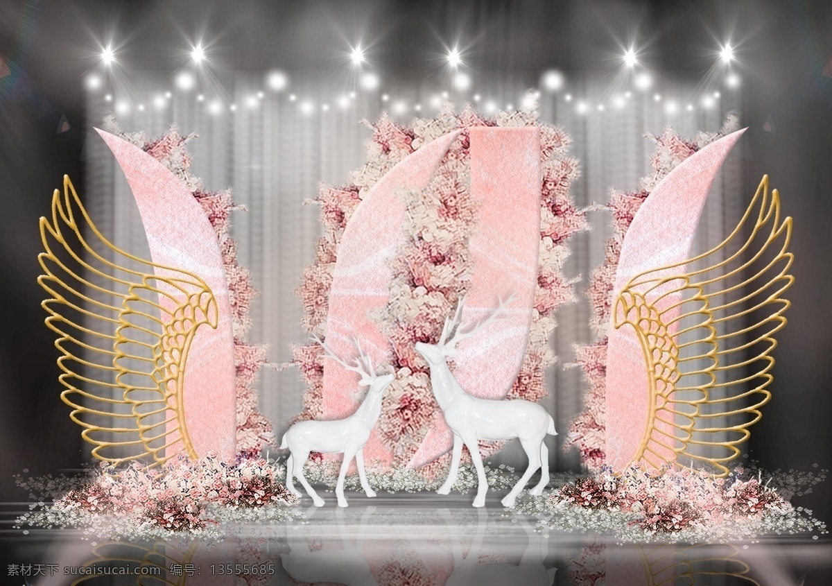 粉色 弧形 纹理 雕塑 花墙 金 羽翼 婚礼 效果图 梦幻 浪漫 唯美 创意 粉色系 裸粉色 纹理弧形雕塑 花艺 麋鹿雕塑 金色羽翼雕塑